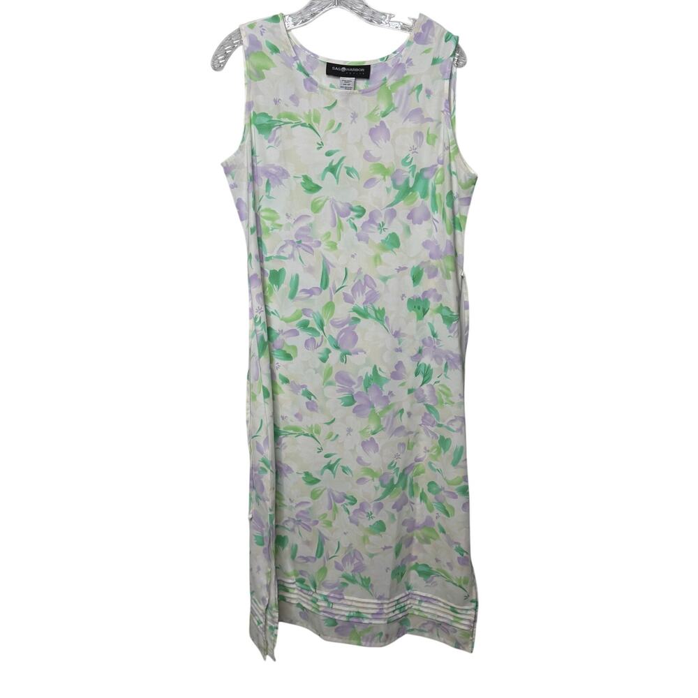 Sag Harbor Petite 12P Floral Midi Dress Sleeveless Green Purple Spring Summer